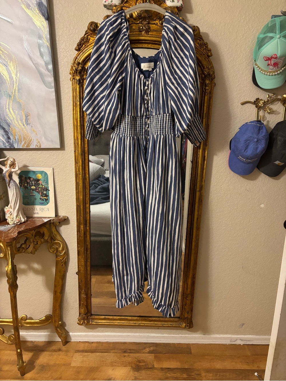 Anthropologie Navy and White Striped Puff-Sleeve Midi Dress - Picture 10 of 10